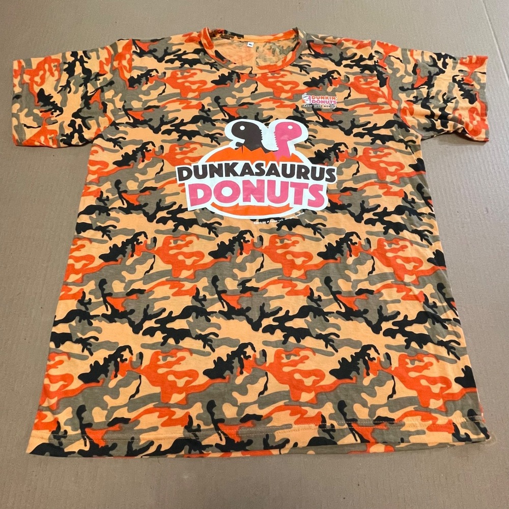 Dunkin Donuts Camo T Shirt Mens XL Dunkasaurus Dinosaur Orange Camouflage